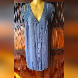 Gray tunic blouse with lace and pintuck detail